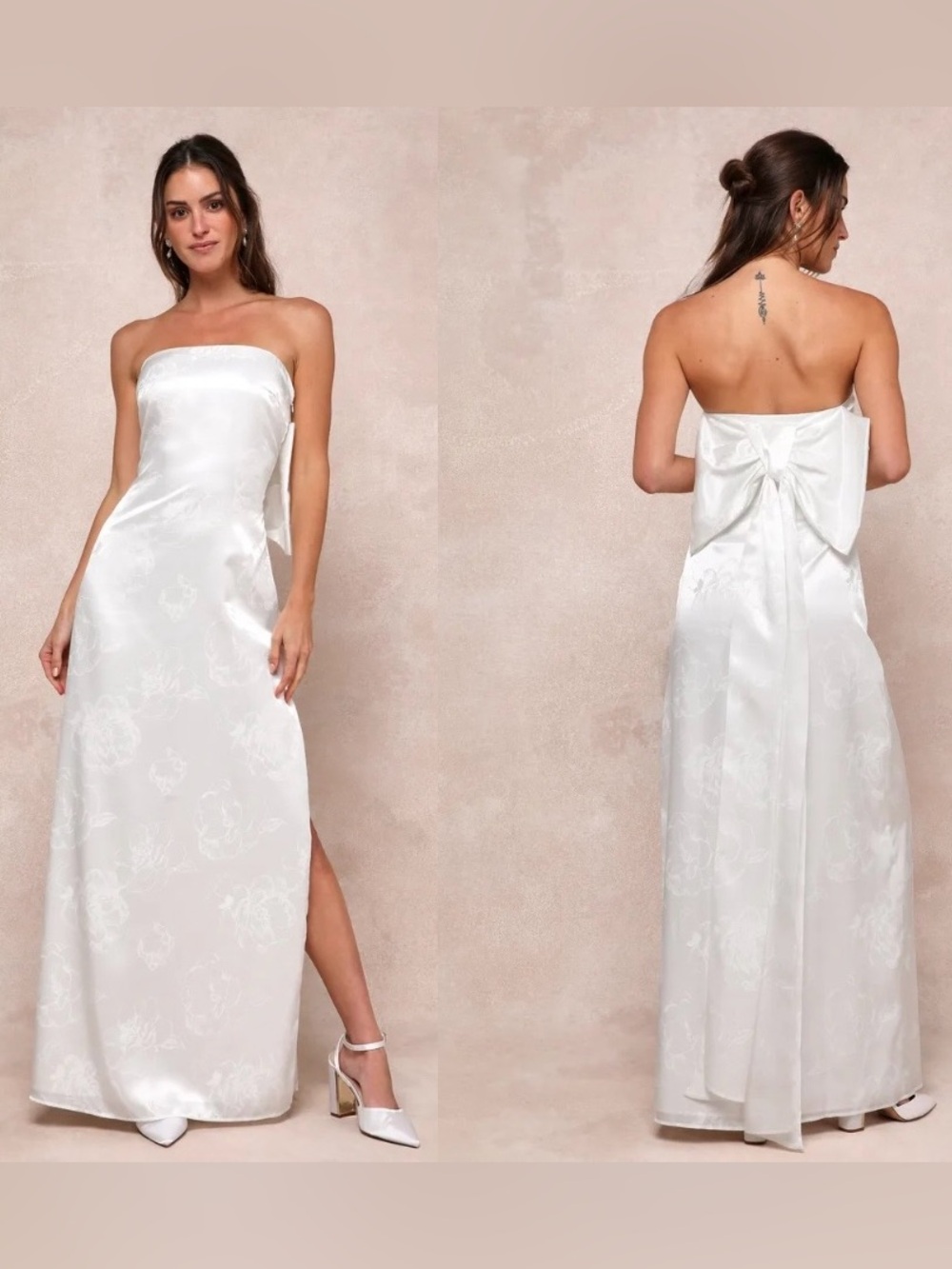 Lulu’s Strapless White Satin Bow-Back Evening Dress
